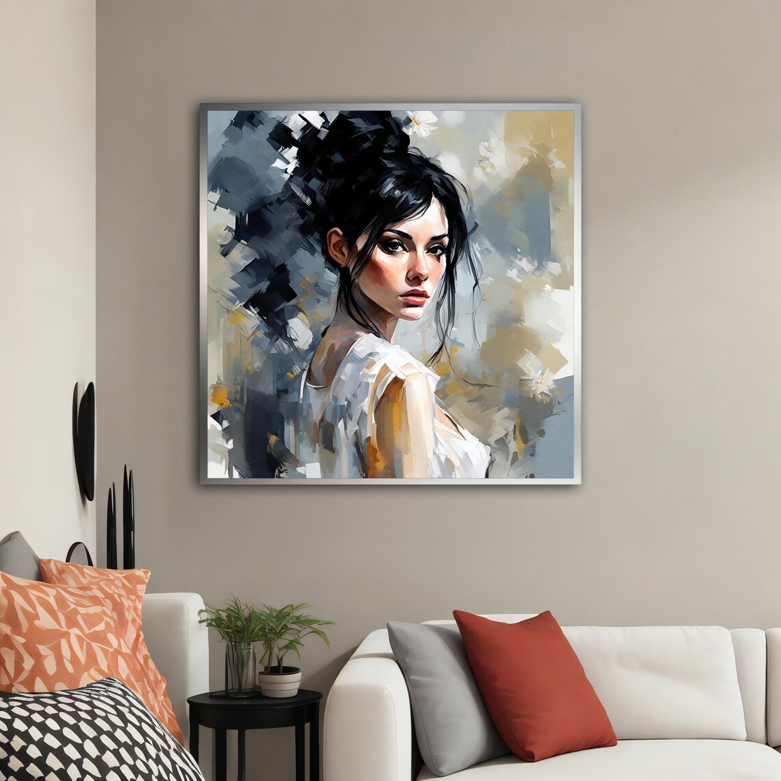 Modern Woman With Dark Hair Bun In Gray Black And Gold Poster - Image 4
