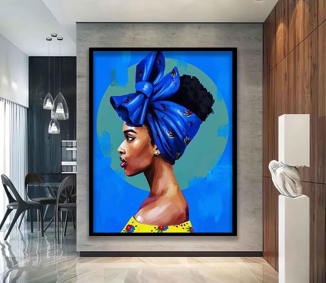African Woman Blue Headwrap Bow Vibrant Pop Portrait Yellow Art Poster - Image 5