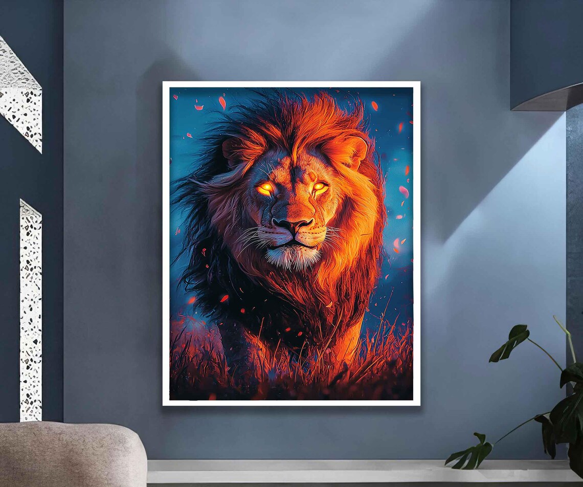 Fiery Lion Portrait Glowing Eyes Orange Mane Bold Wildlife Art Poster - Image 3