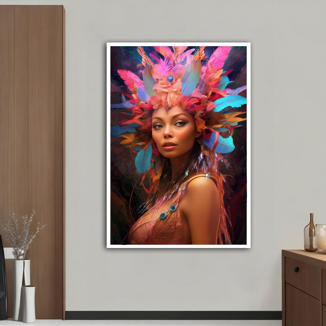 Woman Pink Feather Headdress Blue Tropical Carnival Beauty Art Poster - Image 3