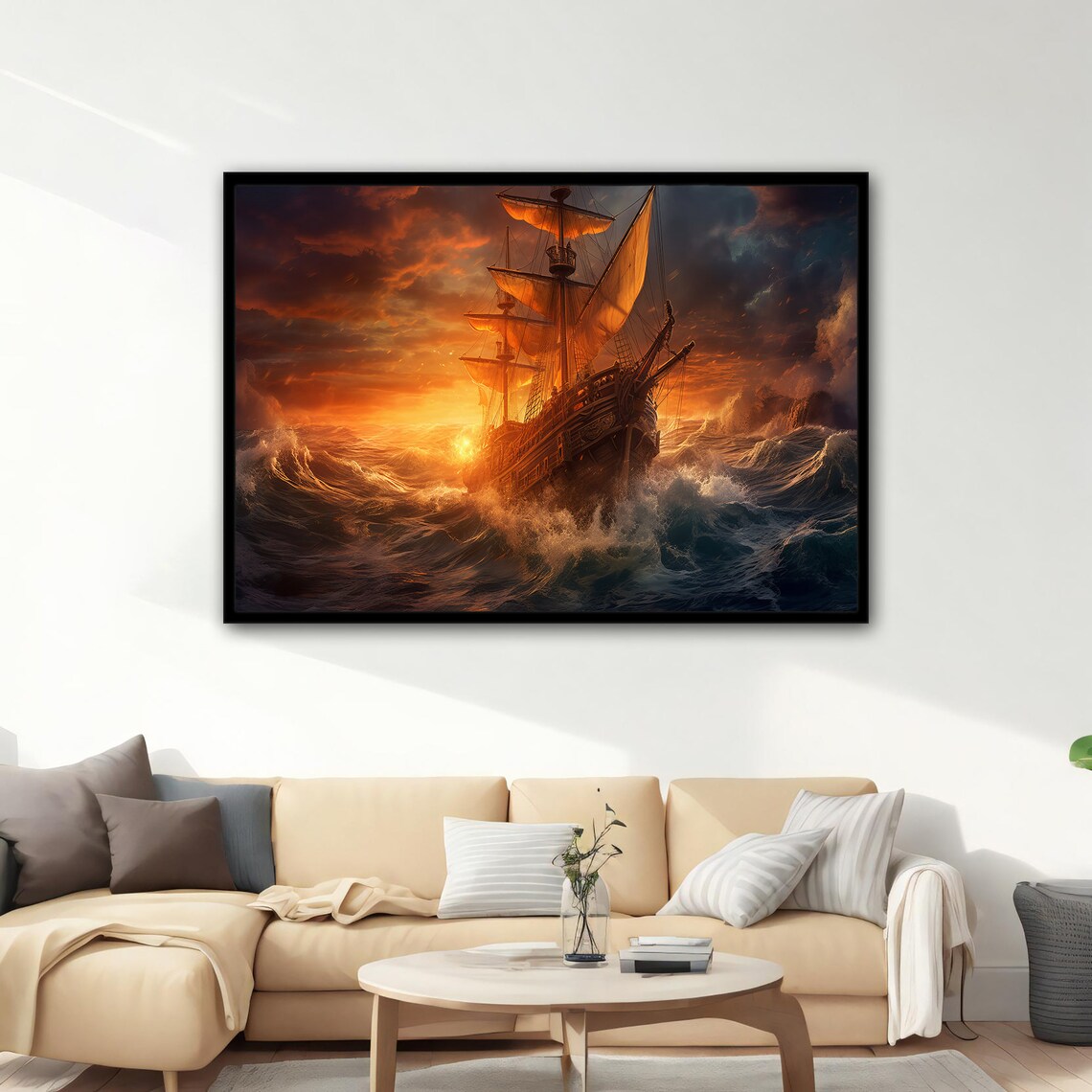 Tall Ship Stormy Ocean Waves Golden Sunset Epic Maritime Art Poster - Image 2