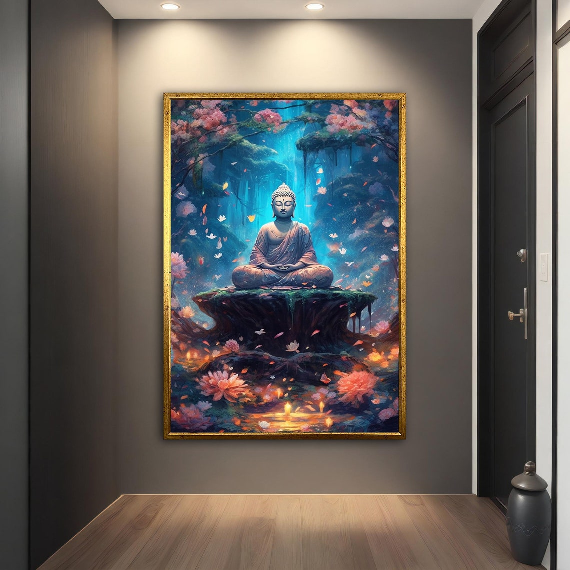 Buddha Meditating in Glowing Jungle Waterfall Serene Art Print - Image 2