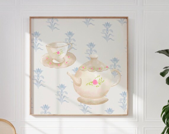 Pink Rose Teapot And Teacup Cottagecore Kitchen Vintage Wall Decor Poster