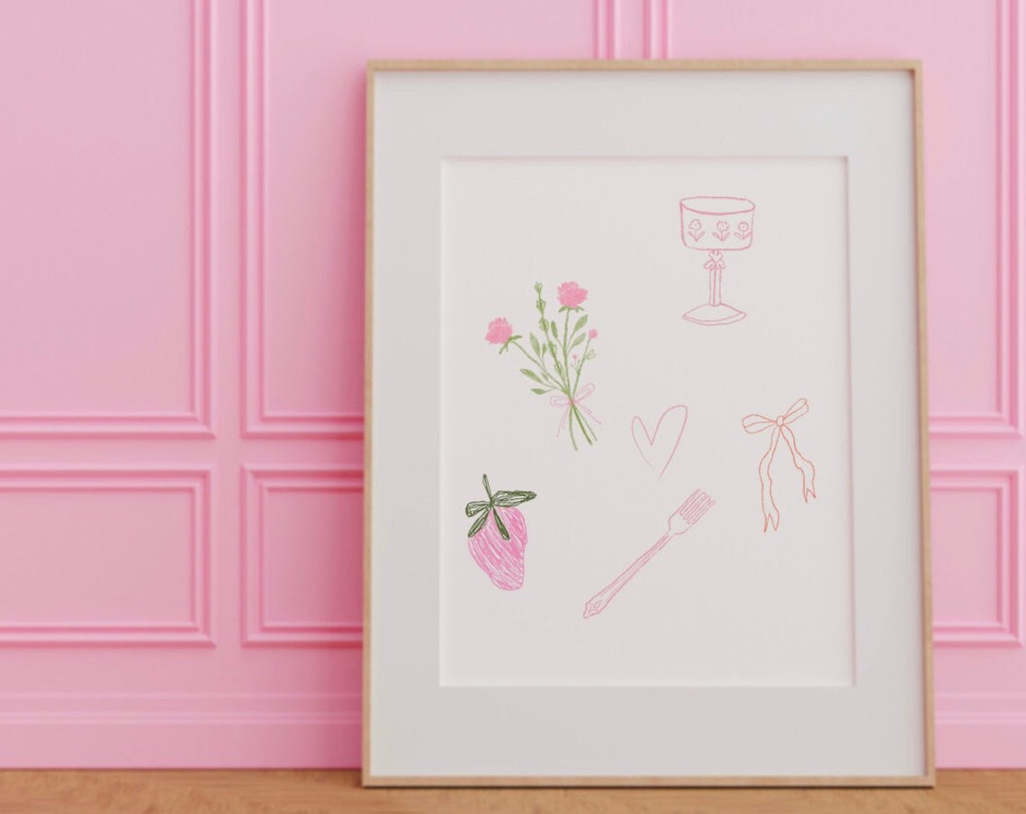 Girly Pink Strawberry Wine Doodle Illustration Kitchen Poster