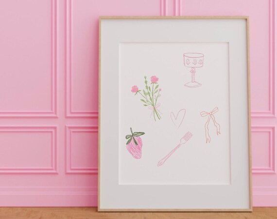 Girly Pink Strawberry Wine Doodle Illustration Kitchen Poster