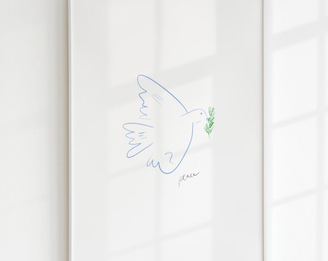 Blue Line Art Peace Dove Olive Branch Minimalist Nursery Poster - Image 3