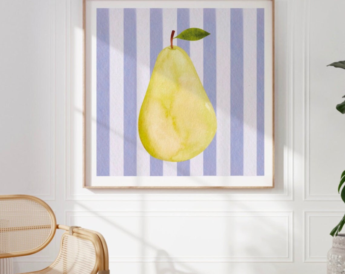 Fresh Yellow Pear Watercolor On Cornflower Blue Stripes Poster