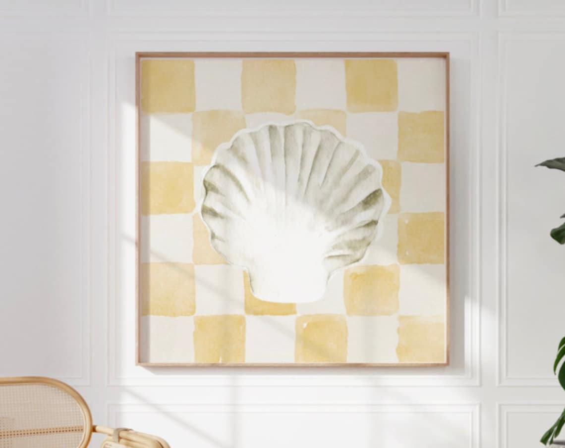 Yellow Checkered Shell Painting Art Print, Kids Room