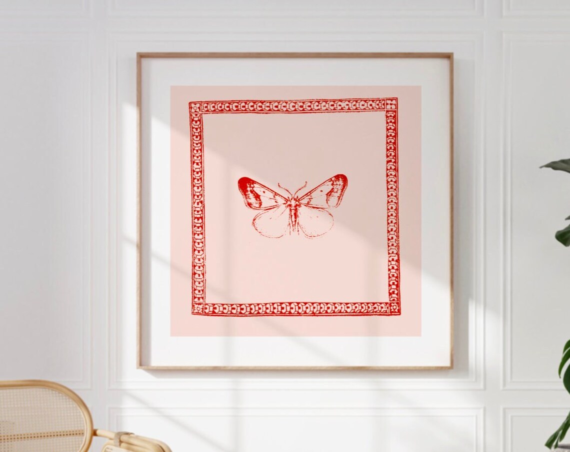 Vintage Red Minimal Butterfly Art Print