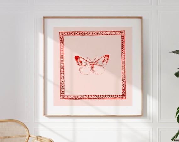 Vintage Red Minimal Butterfly Art Print
