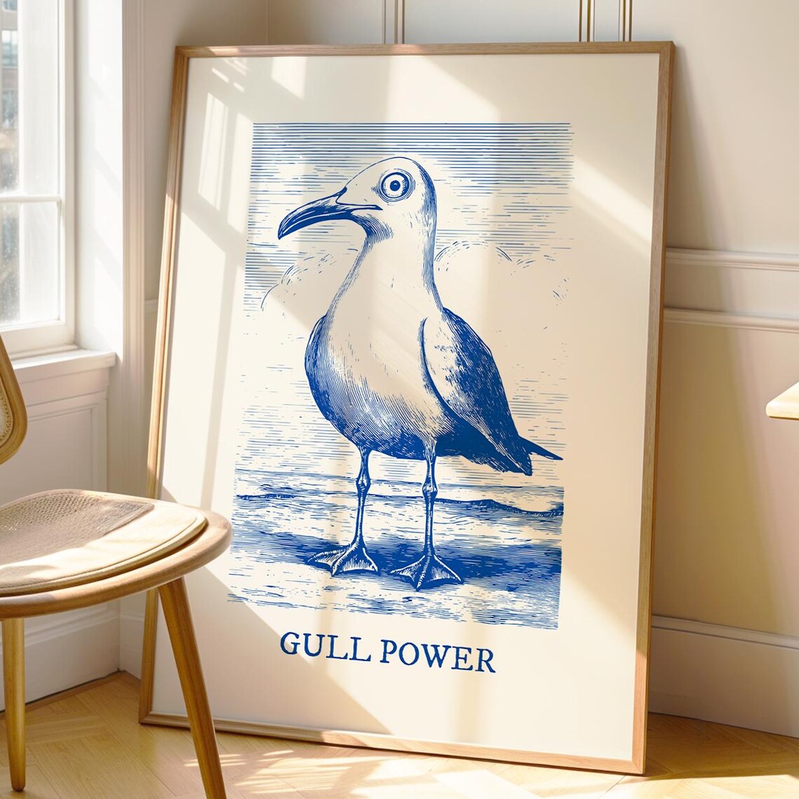 Gull Power Funny Seagull Retro Blue Engraving Style Coastal Bird Poster