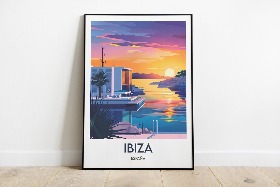 Ibiza Marina Sunset Palm Shore Golden Hour Spain Travel Poster