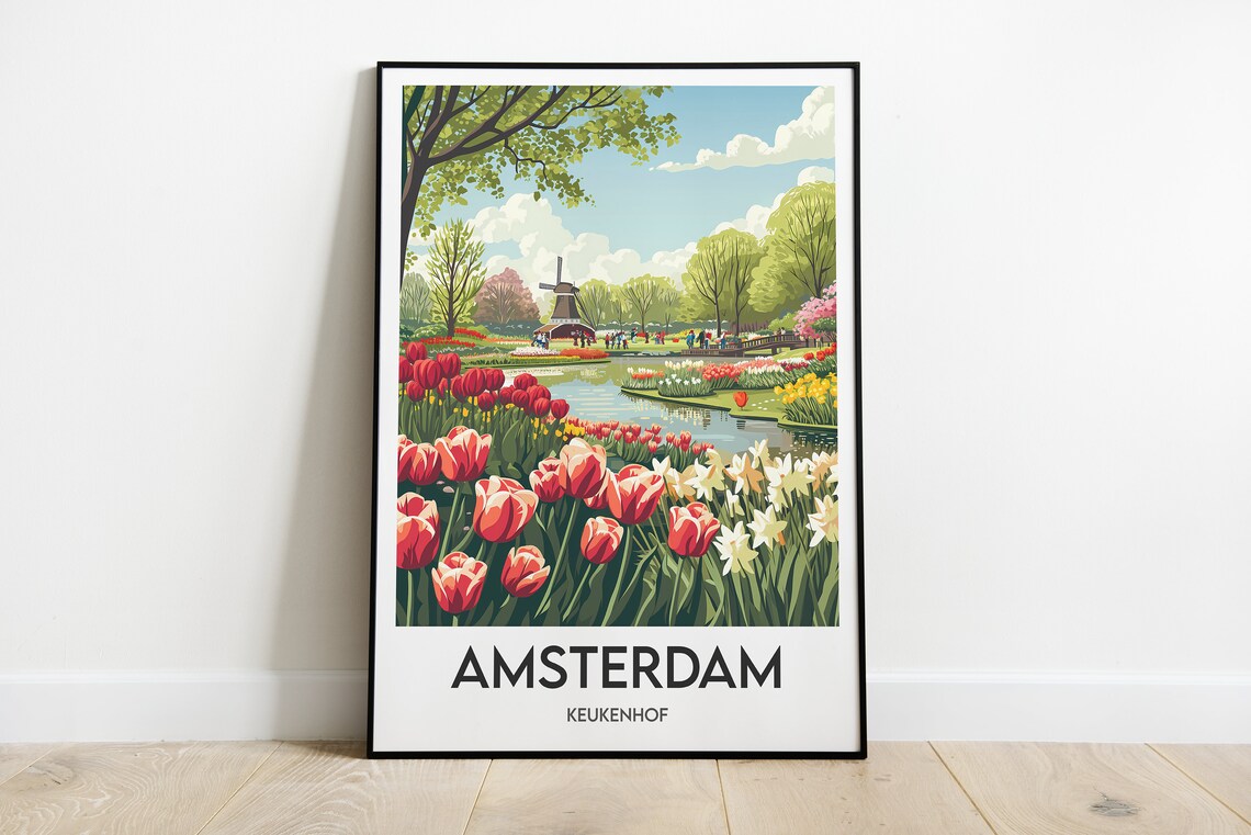 Amsterdam Keukenhof Tulip Garden Windmill Illustration Travel Poster