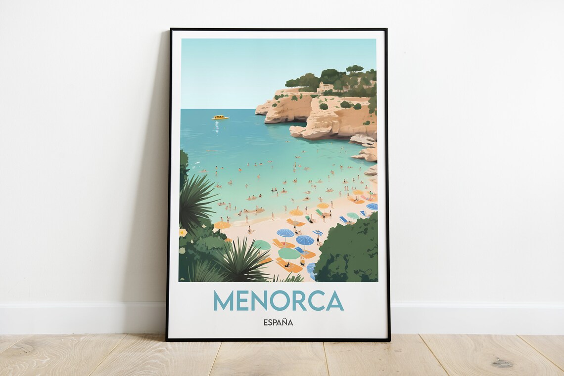 Menorca Espana Beach Cove Umbrellas Cliffs Island Travel Poster