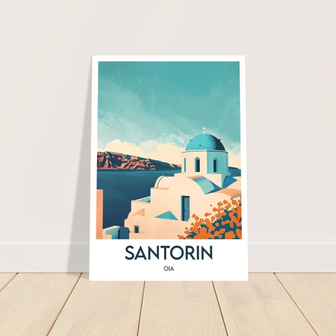 Santorin Oia Blue Domed Church at Dusk Greece Vintage Poster - Image 2