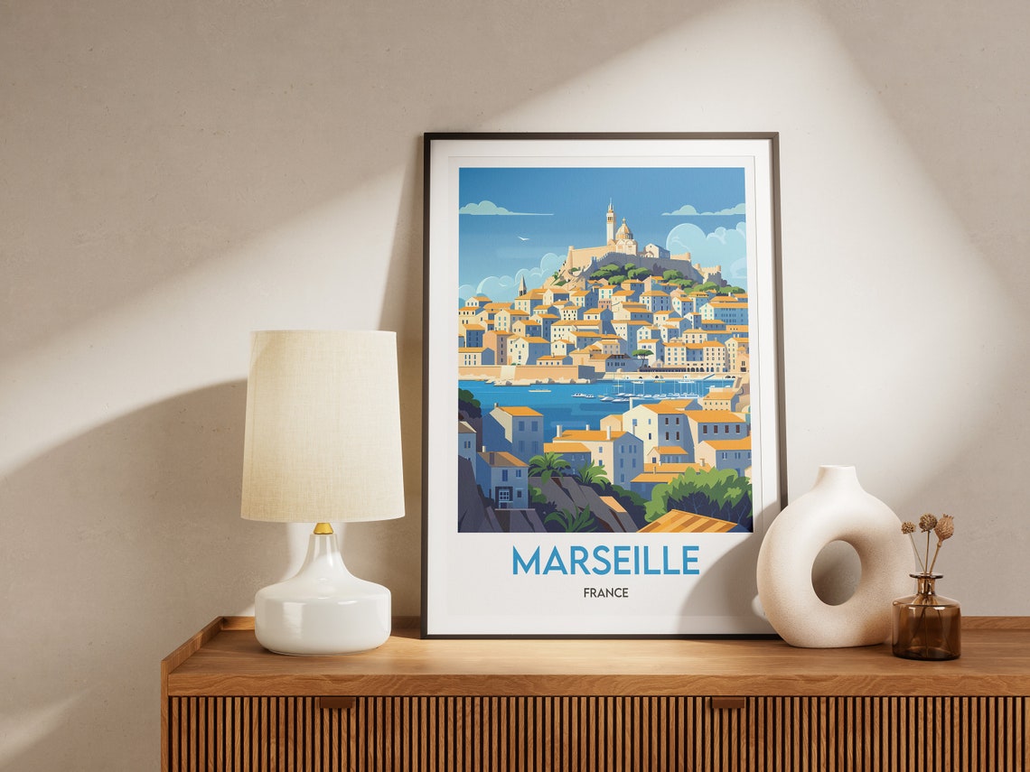 Marseille France Harbor Hilltop Basilica Orange Roofs Poster - Image 2