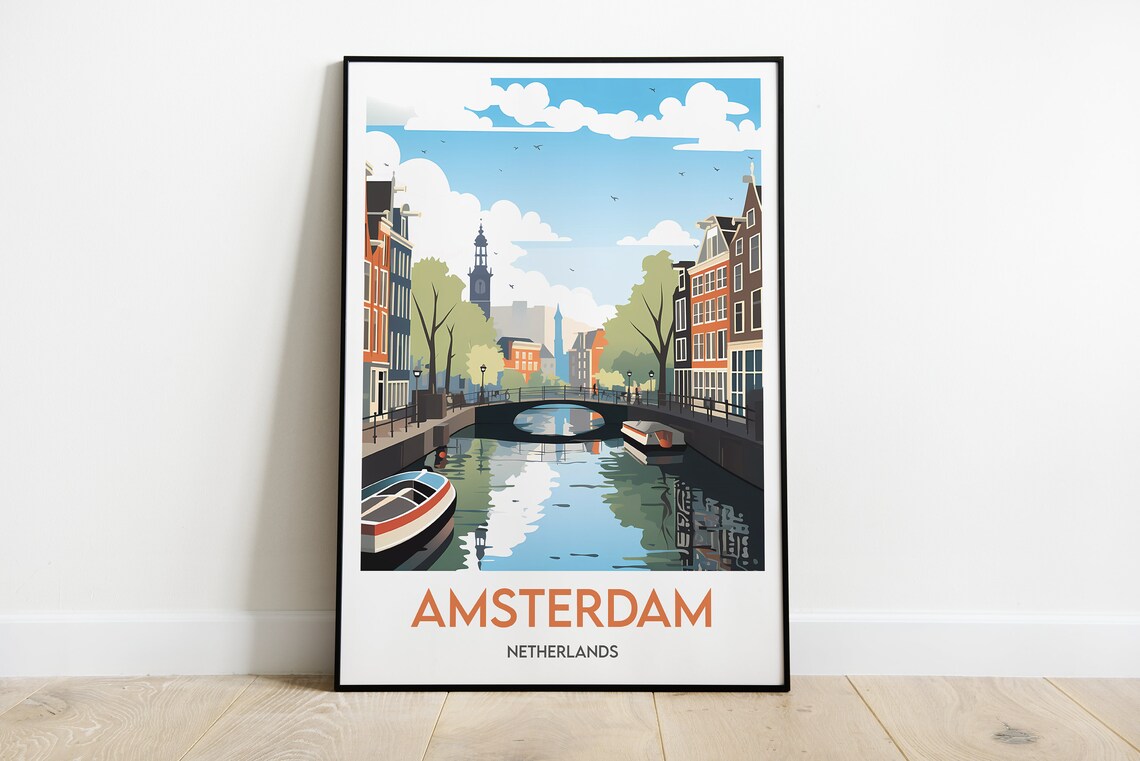Amsterdam Netherlands Canal Bridge Boats Minimalist Travel Poster