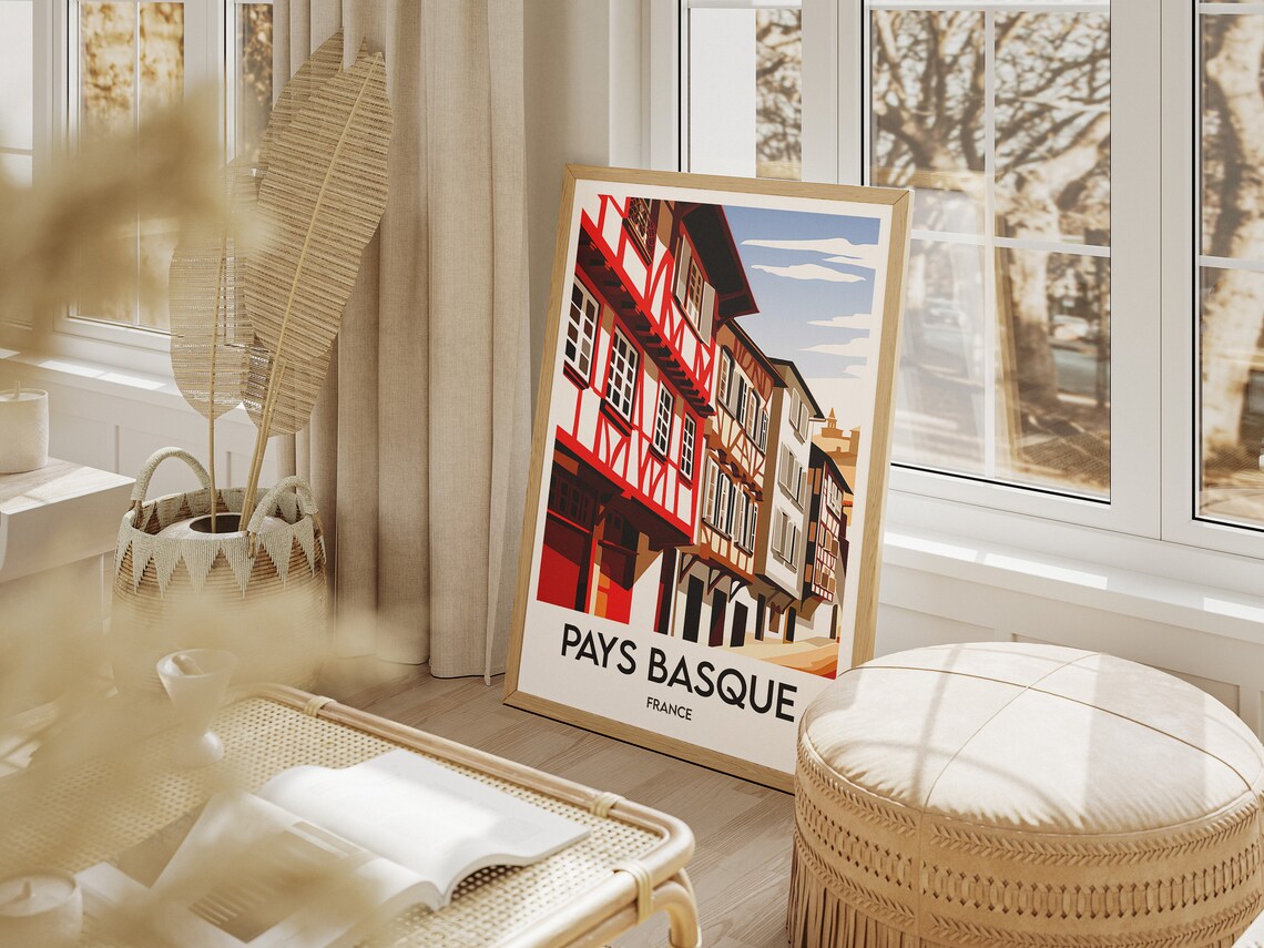 Pays Basque France Red Half-Timbered Houses Street Travel Poster - Image 2