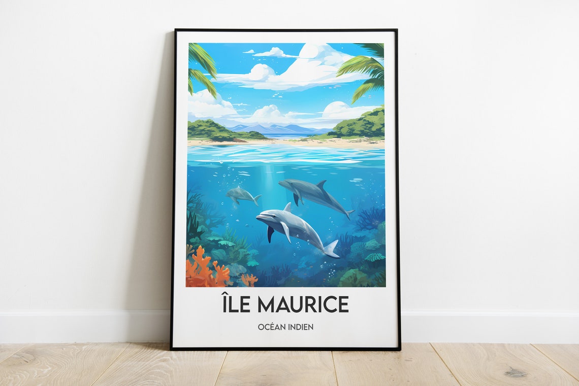 Ile Maurice Indian Ocean Dolphins Coral Reef Lagoon Travel Poster