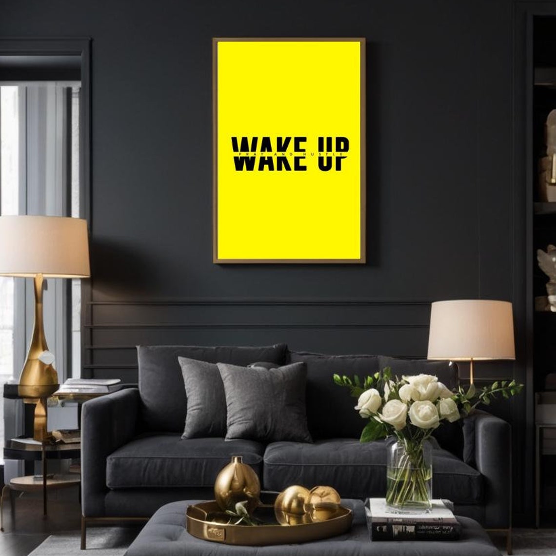 Wake Up Pray And Hustle Bold Neon Yellow Black Typography Poster - Image 2