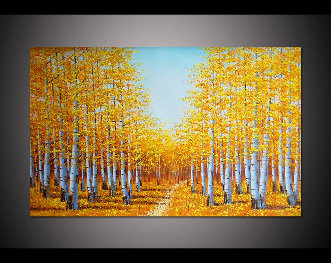 Golden Birch Tree Forest Path In Bright Autumn Sunlight Oil Poster