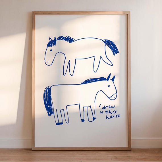 Funny Horse Poster Silly Hand Drawn Sketch Bad Art Blue Posters And Print Wall Trendy