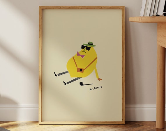 Lemon Illustration Grumpy Lemon Art Large Kitchen Art Vintage Fruit Art Funny Kitchen Decor Lemon Poster