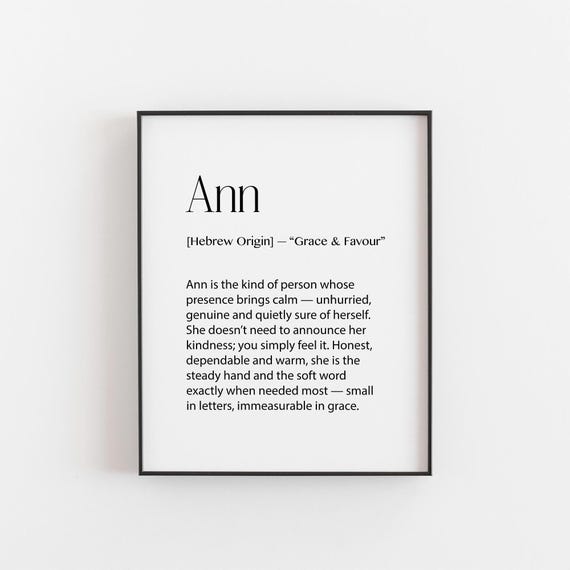 Ann Name Print Hebrew Definition Gift Personalised Wall Art Birthday For Her Black White