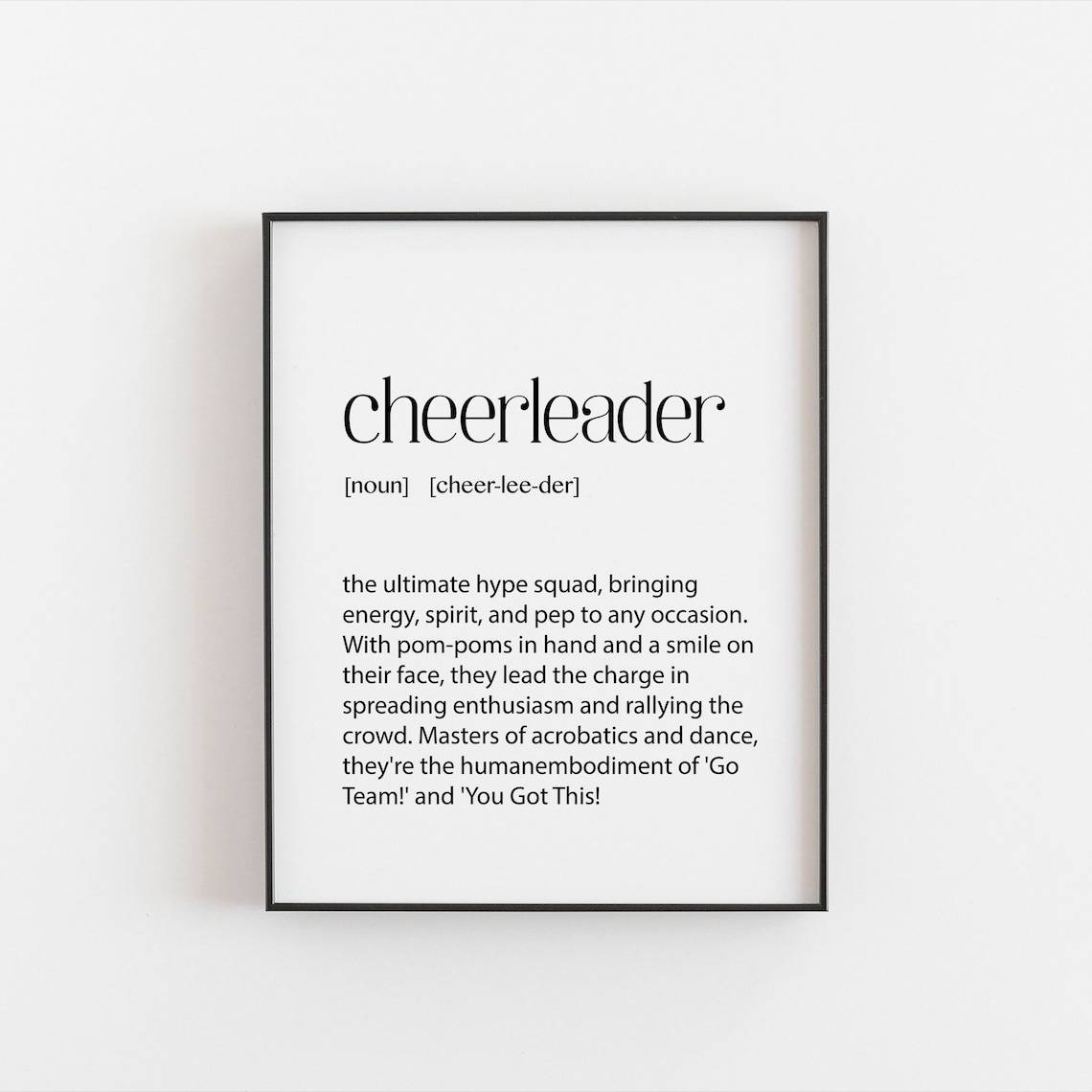 Cheerleader Definition Art Print, Dorm Bedroom Decor