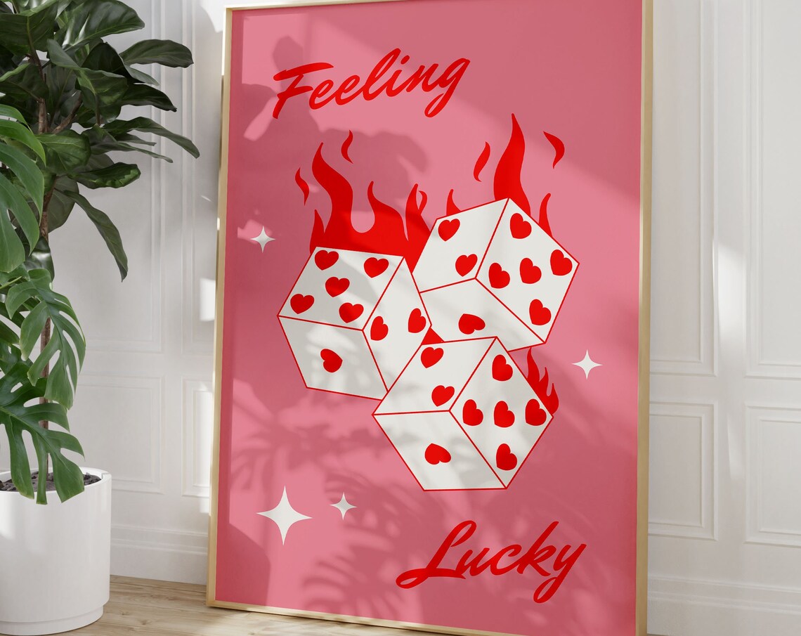Feeling Lucky Flaming Heart Dice Hot Red Retro Casino Poster