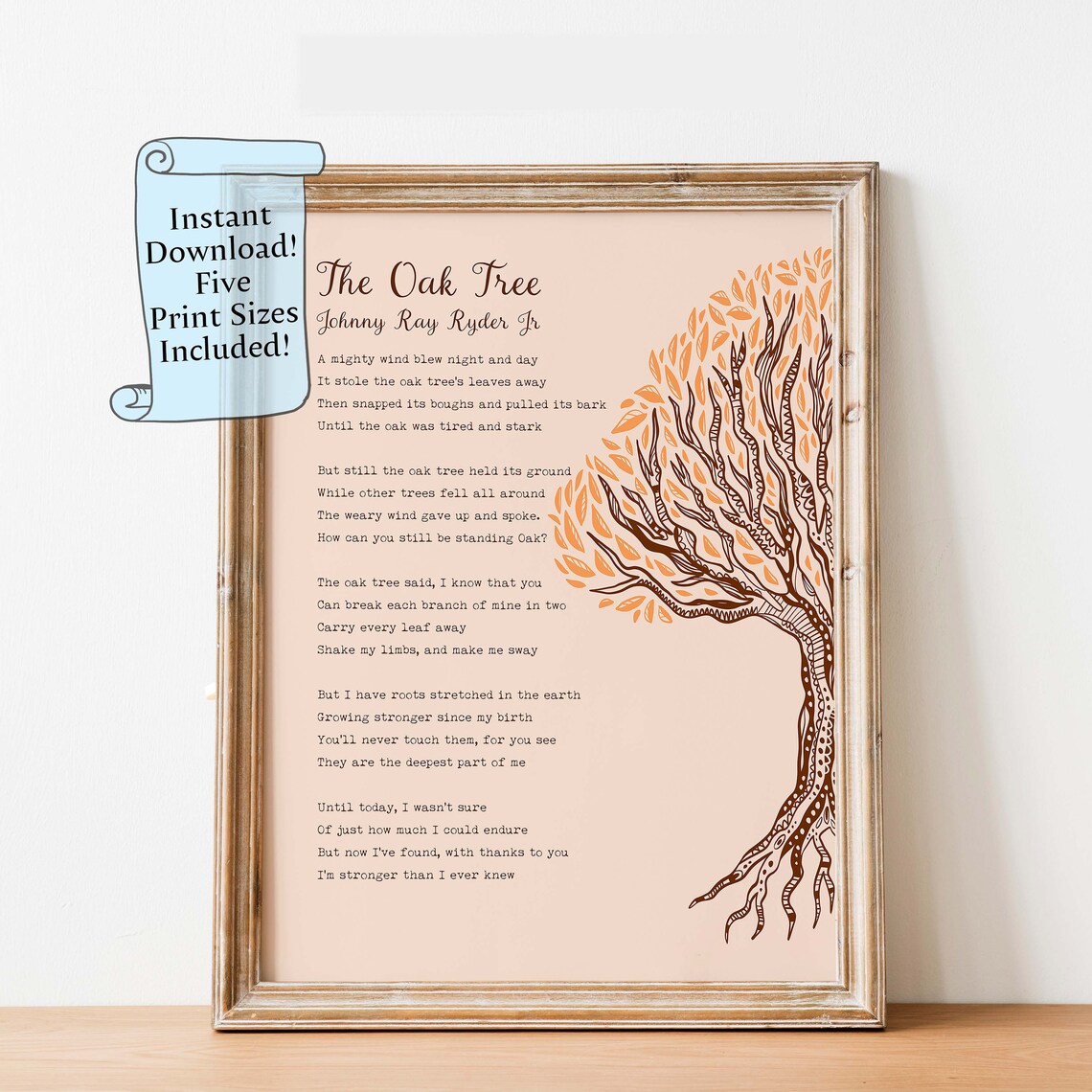 Oak Tree Poem Wall Art, Encouragement Gift Print