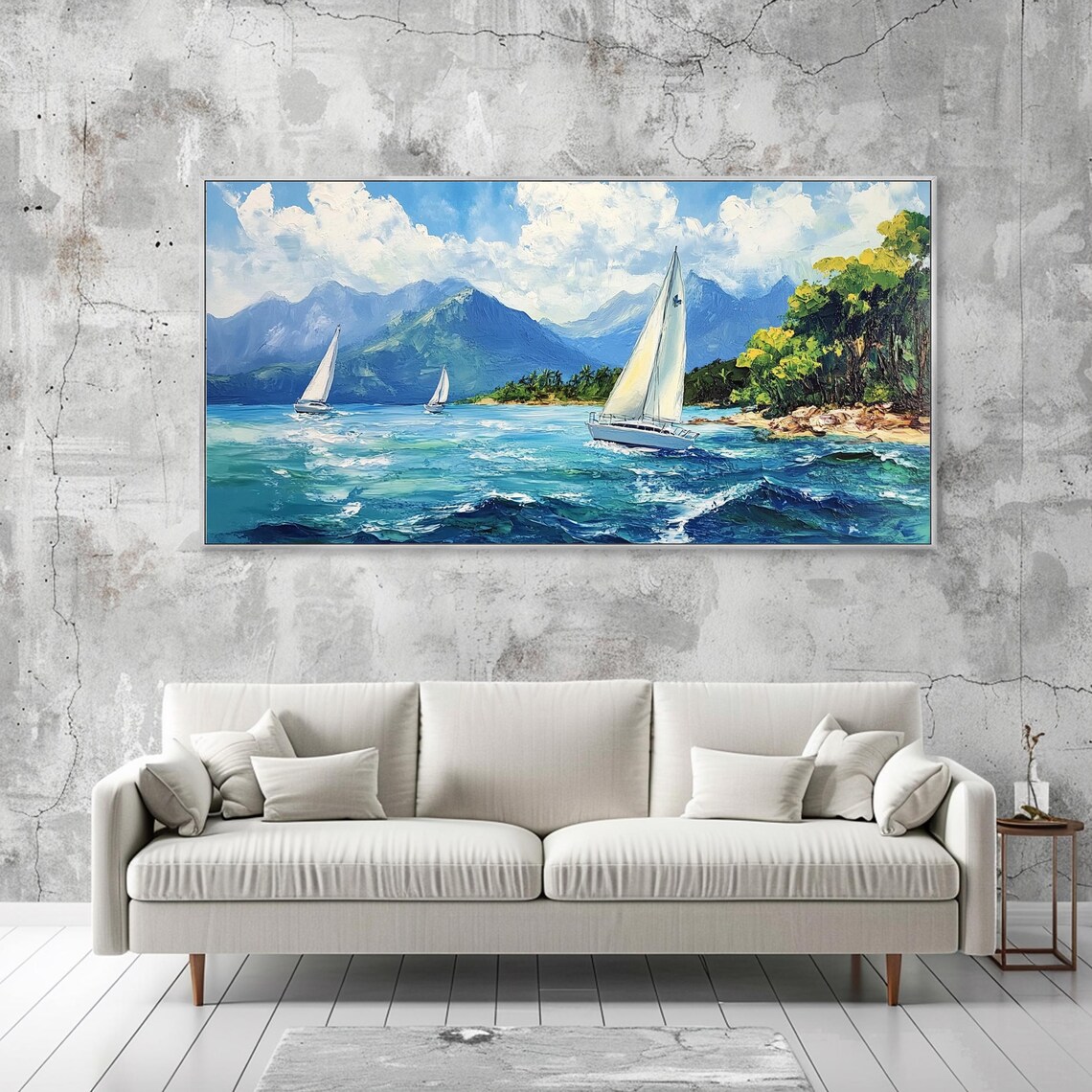 Sailboats Racing on Turquoise Sea Mountains Coastal Painting Poster - Image 2