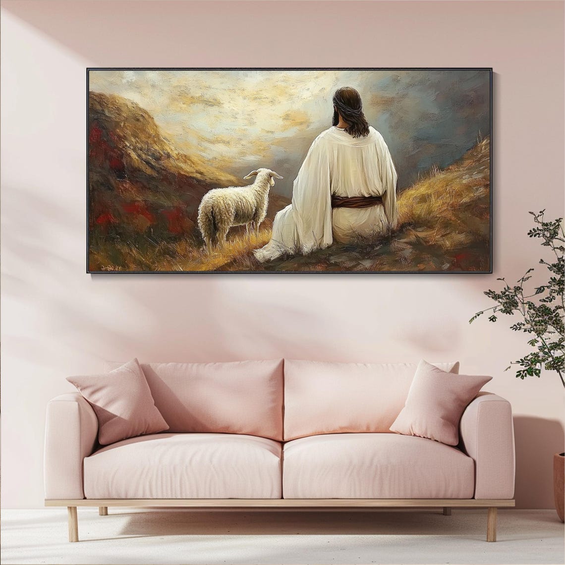 Jesus With Sheep On The Hillside Warm Pastel Religious Art Poster - Image 3