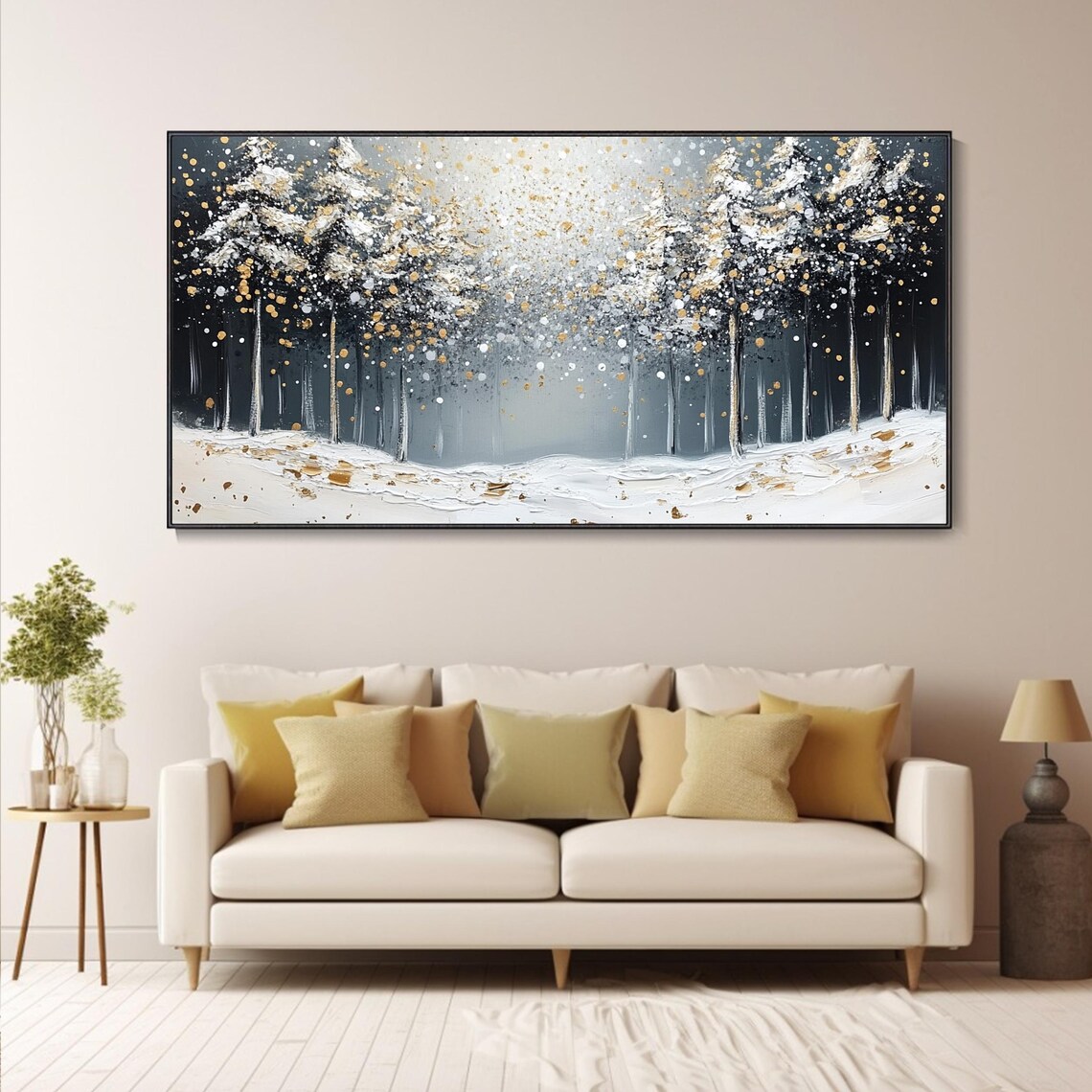 Large Long Wide Original Winter Forest Painting On Horizontal 3d Textured Wall Art Panoramic Forest Trees Wall Art Starlit Art - Image 5