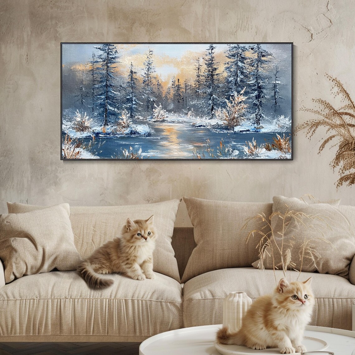 Large Long Wide Original Winter Forest Painting On Horizontal 3d Textured Wall Art Panoramic Snowy Pine Trees Wall Art Starlit Art - Image 3