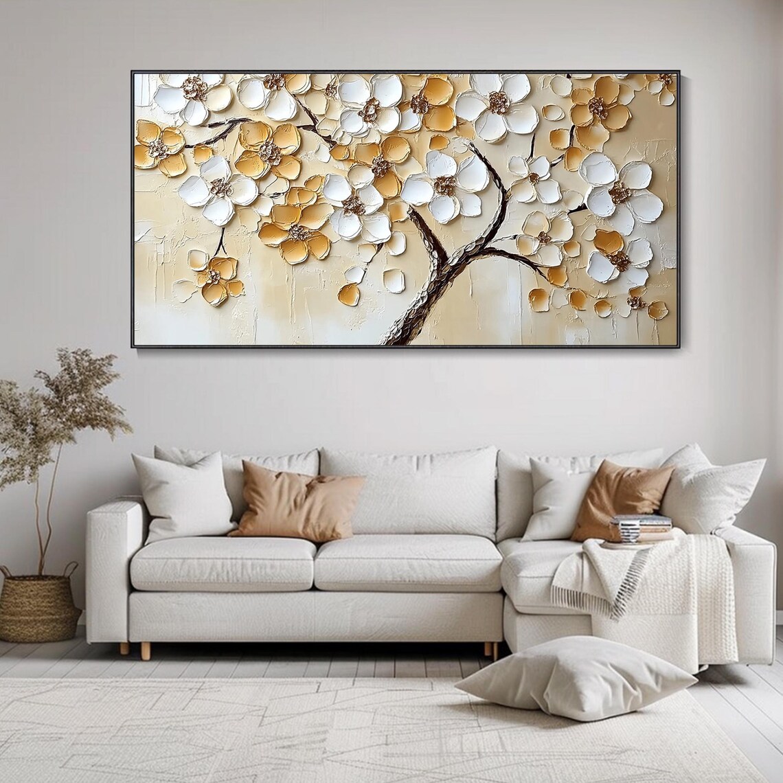 Gold And White Blossom Tree Textured Floral Painting Wide Wall Poster - Image 2
