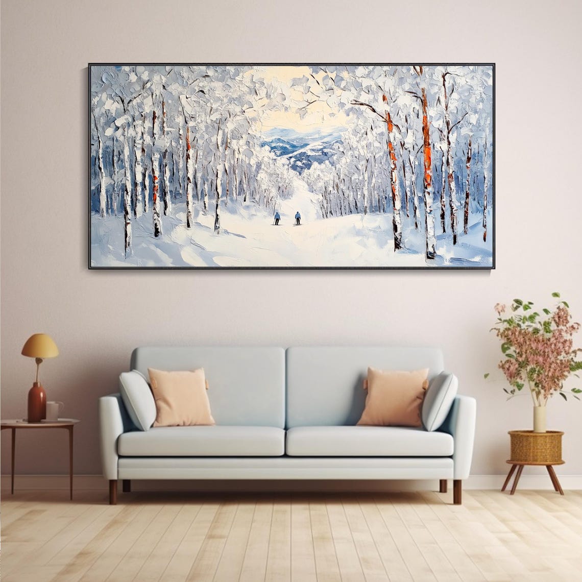Winter Birch Forest Path Two Figures Snowy Impasto Landscape Poster - Image 5