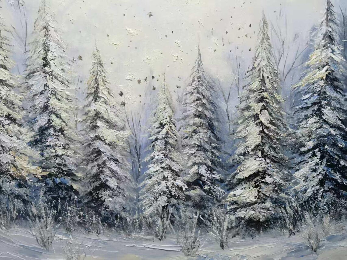 Large Long Wide Original Winter Forest Painting Horizontal 3d Textured Wall Art On Panoramic Snowy Pine Trees Wall Art Starlit Art - Image 2