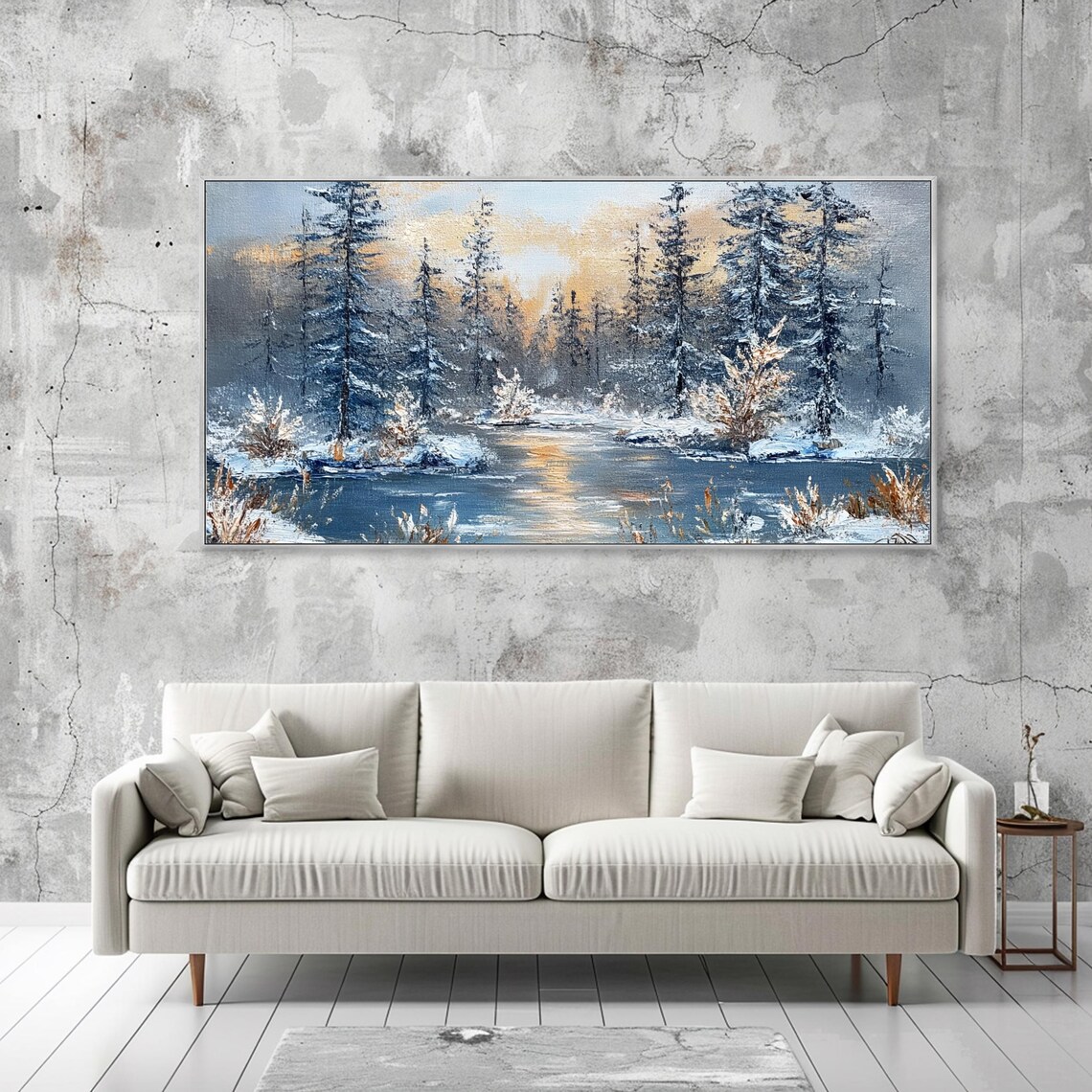 Large Long Wide Original Winter Forest Painting On Horizontal 3d Textured Wall Art Panoramic Snowy Pine Trees Wall Art Starlit Art - Image 2