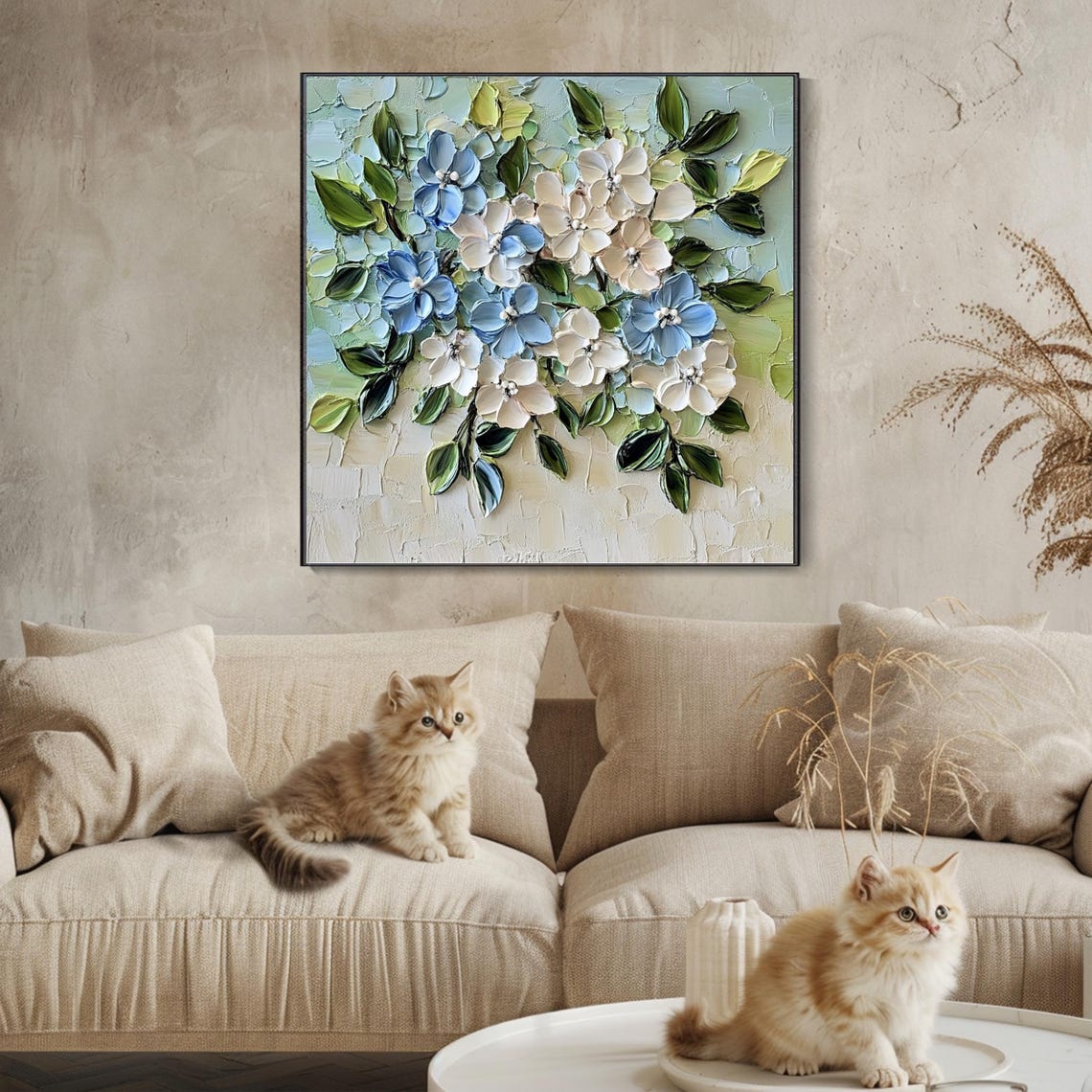 Blue White Blossom Branch Heavy 3D Impasto Floral Textured Poster - Image 3