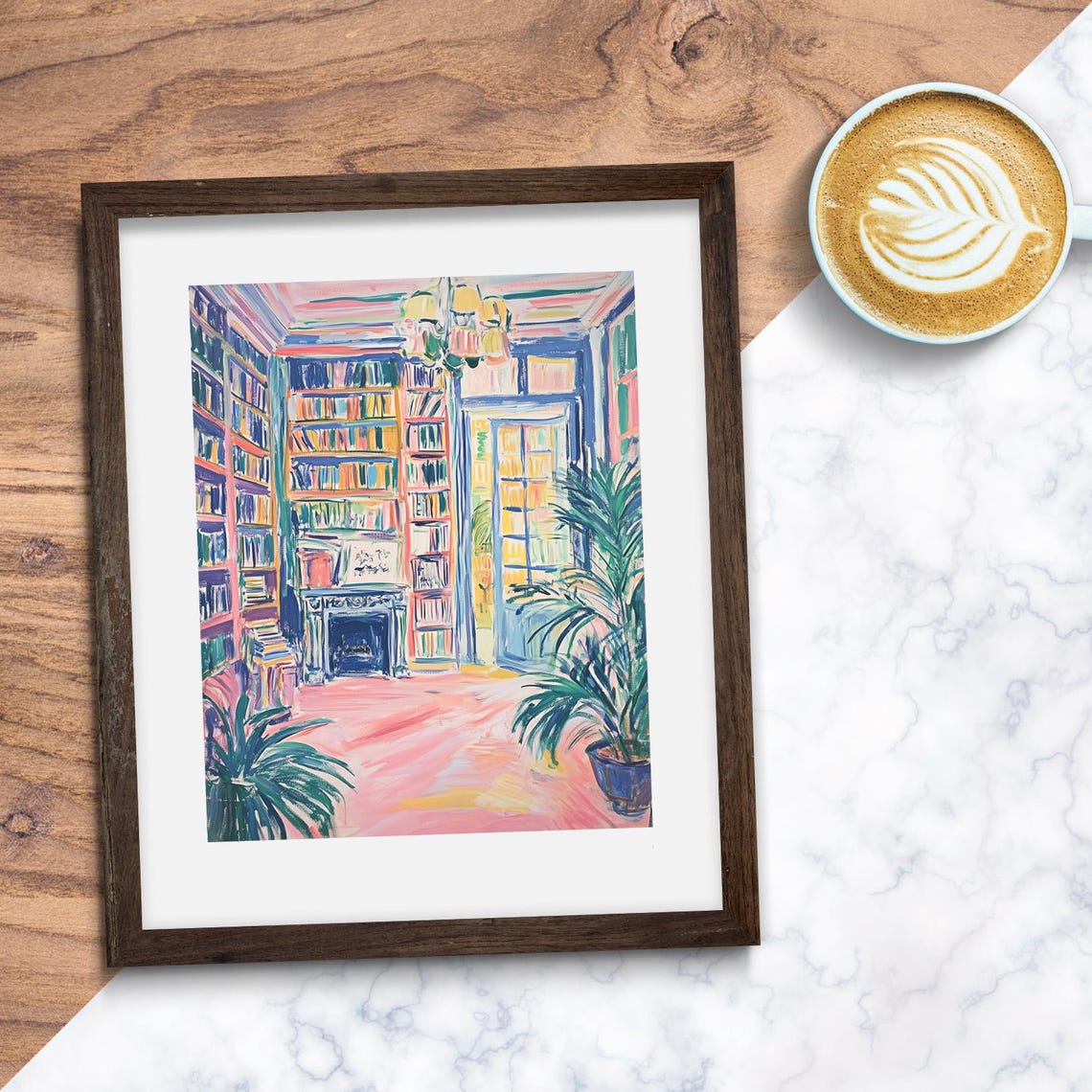 Colorful Library Interior with Fireplace Fauvist Style Art Poster - Image 2