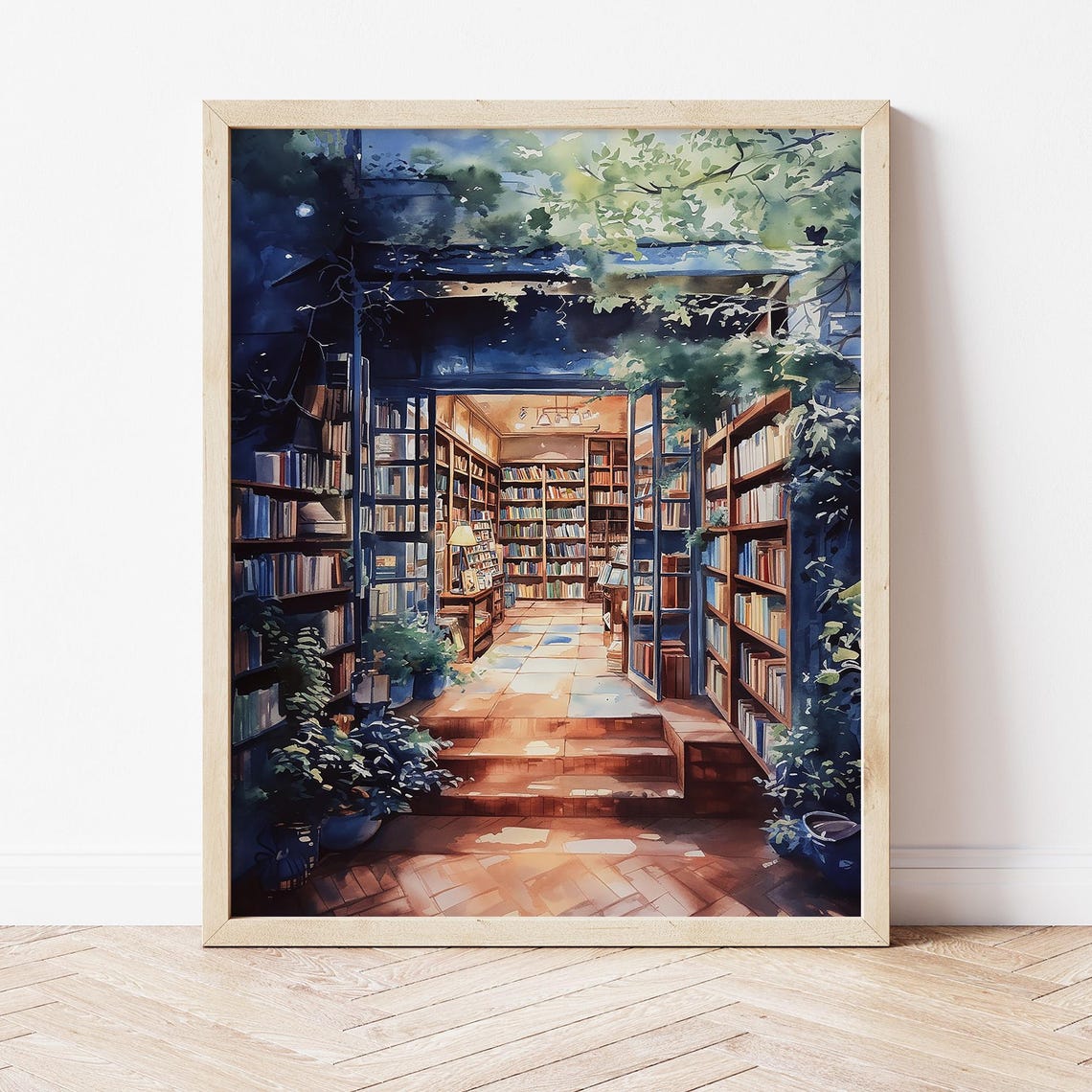 Sunlit Bookshop Interior Watercolor with Ladder Book Lover Poster