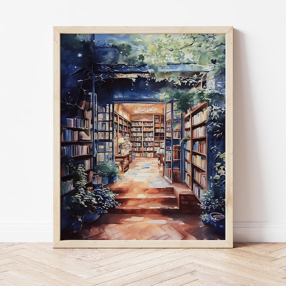 Sunlit Bookshop Interior Watercolor with Ladder Book Lover Poster