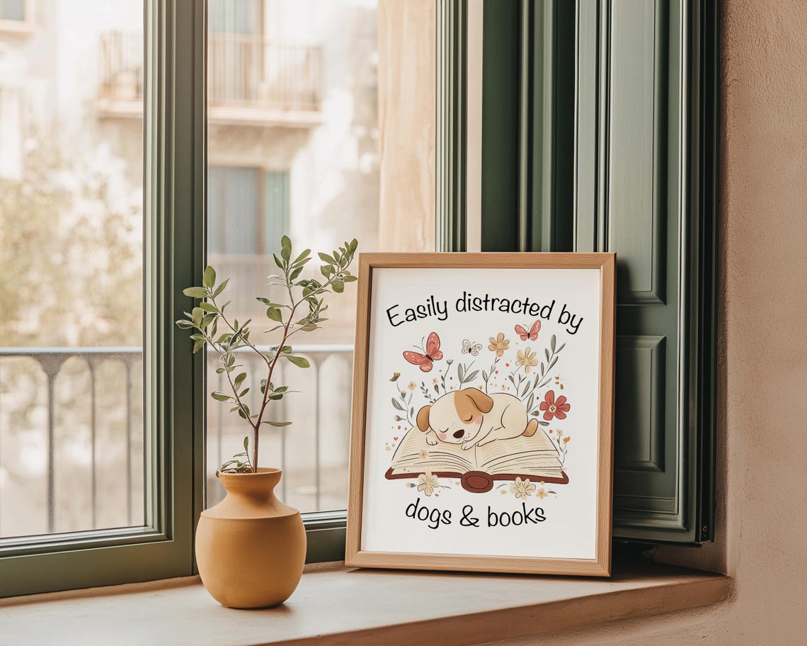 Easily Distracted by Dogs and Books Sleeping Puppy Floral Poster - Image 3