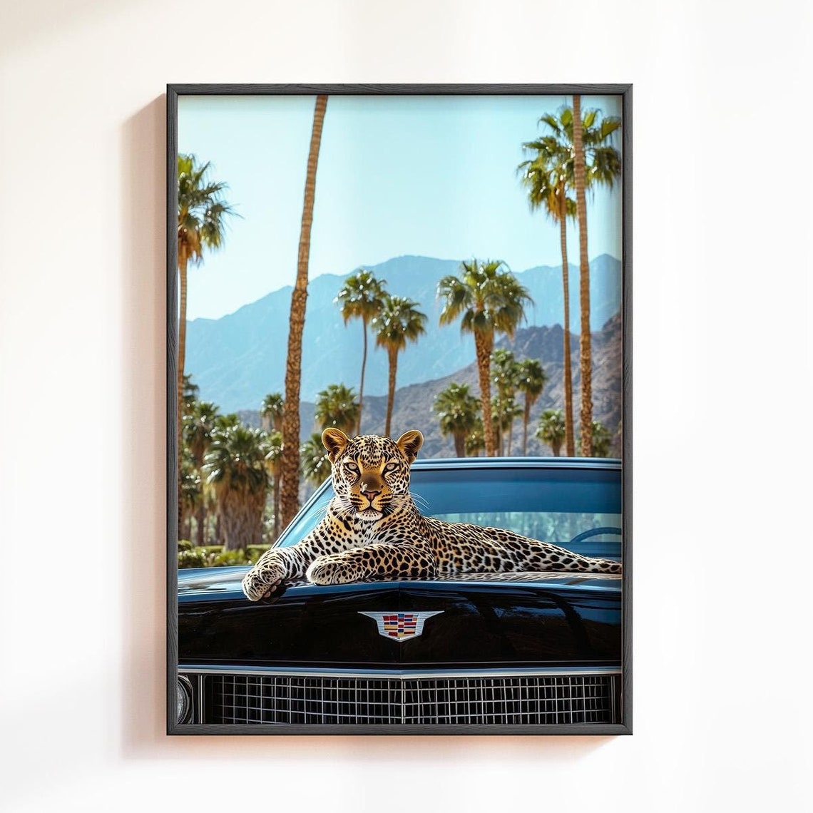 Leopard Lounging On A Black Cadillac With Tall Palm Trees Poster