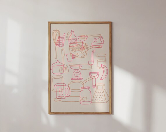 Pink Beige Kitchen Utensil Illustration Art Print