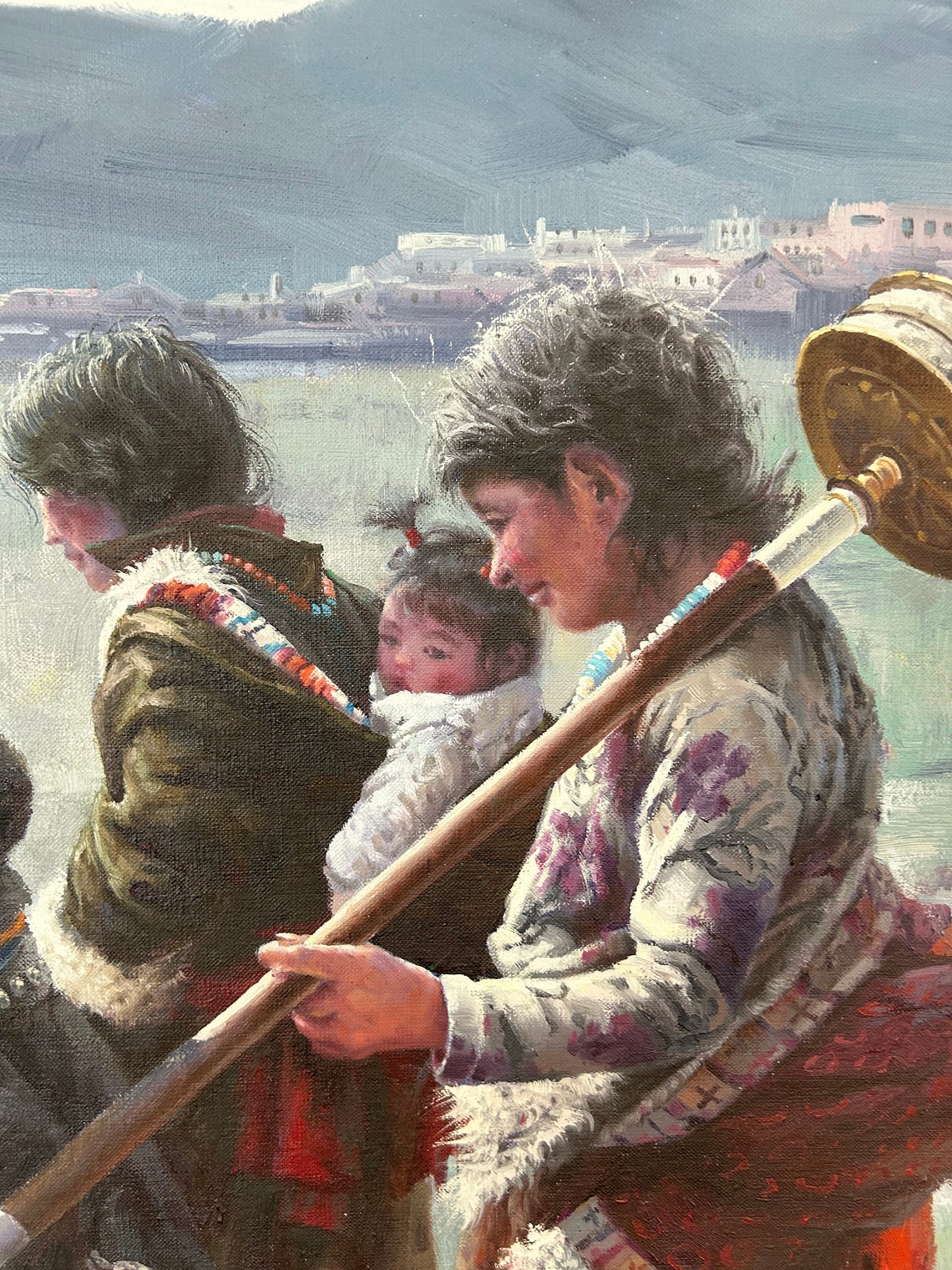 Tibet Pilgrims Prayer Wheel Plateau Journey Realistic Oil Poster - Image 5