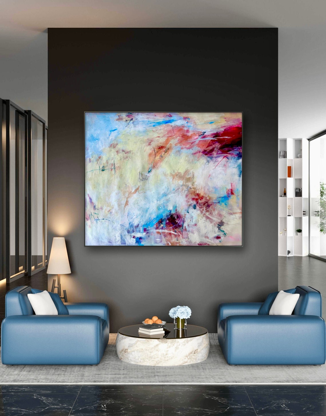 Neutral Abstract White Blue Crimson Soft Contemporary Art Print - Image 3