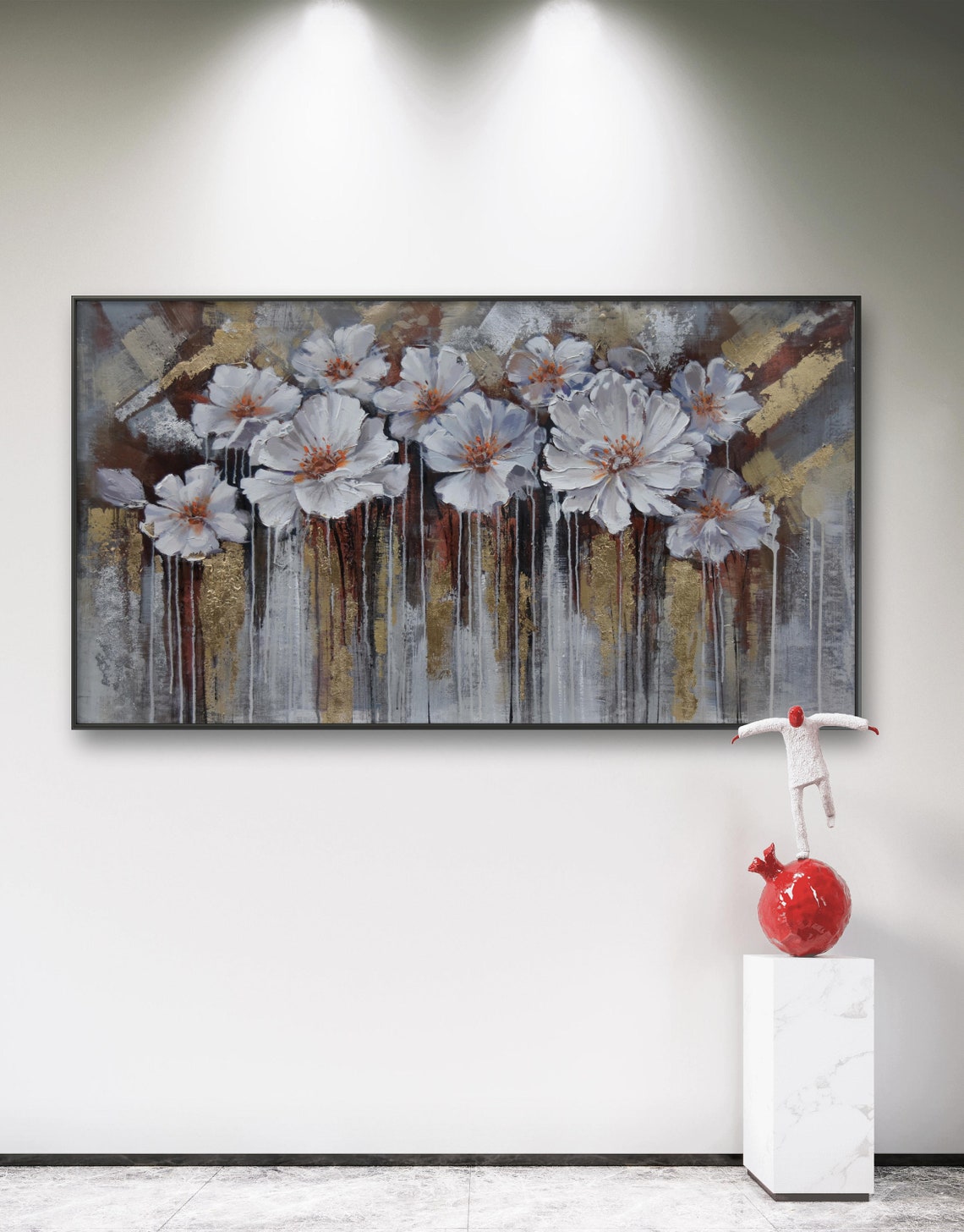 White Peony Blossoms With Dripping Gold Abstract Floral Wall Art - Image 5