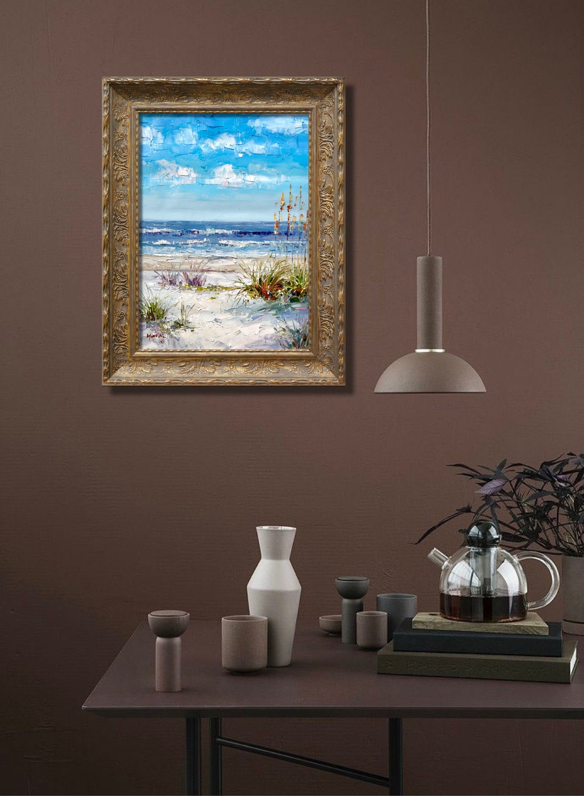 Beach Dunes Sea Oats Ocean Waves Coastal Landscape Oil Poster - Image 3